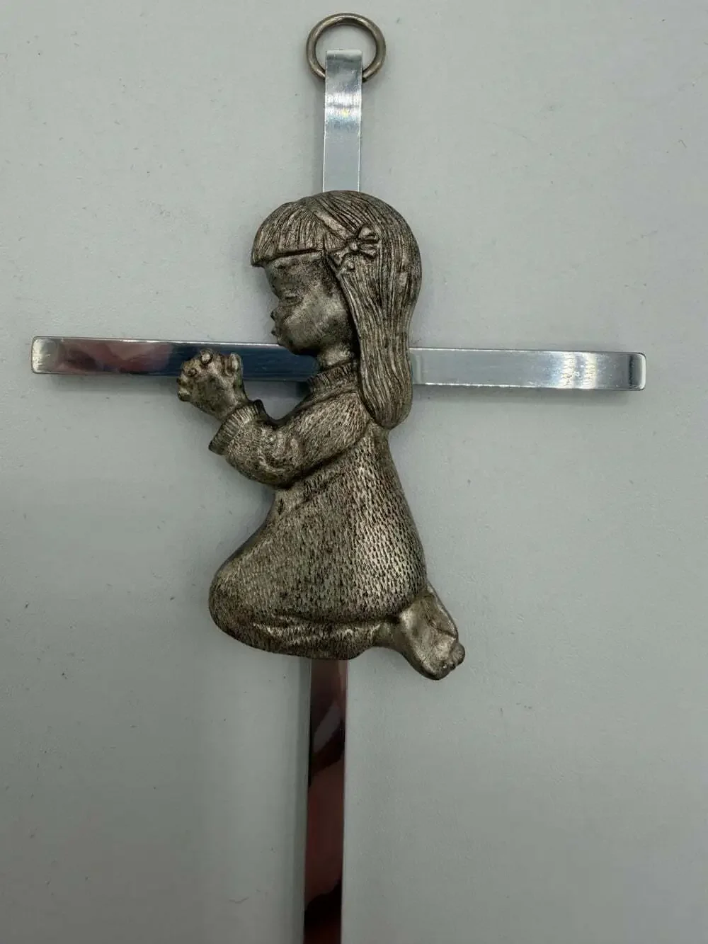 Silver Toned Girl wall Cross Infant Blessing Baby Plaque Wall Décor Hanging